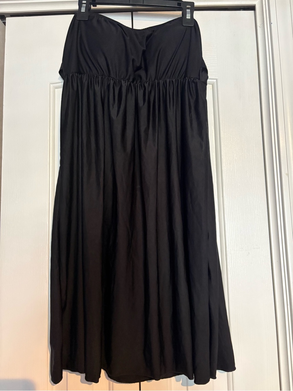 Strapless Black Midi Dress with Gathered Waist